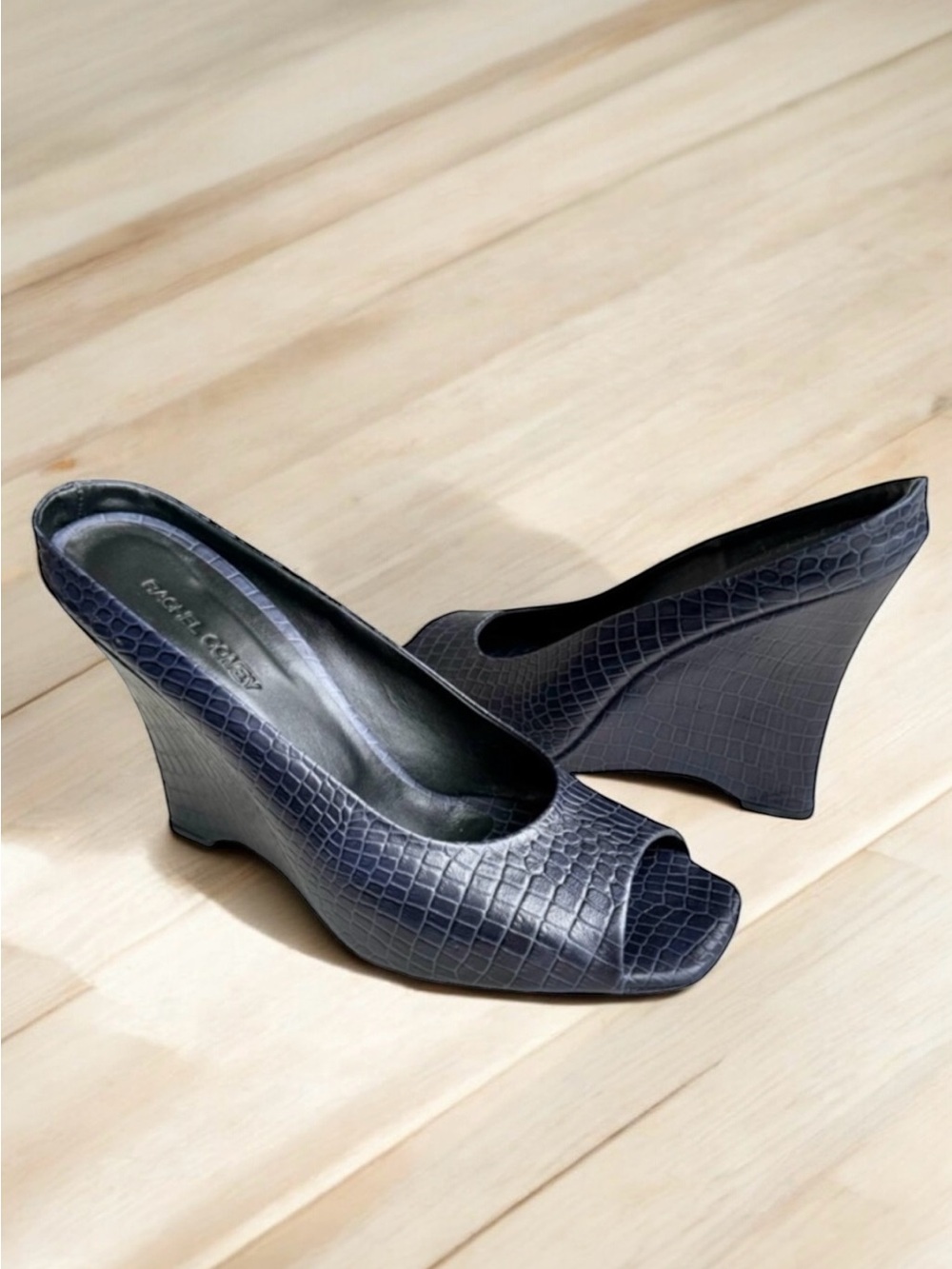 Rachel Comey Navy Blue Sandals Embossed Leather Open Toe Wedge Mules
